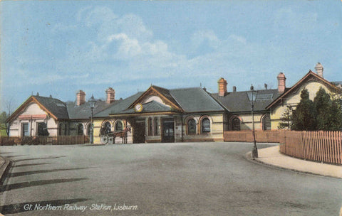 Old postcard of Gt Northern Railway Station, Lisburn, County Antrim, Northern Ireland
