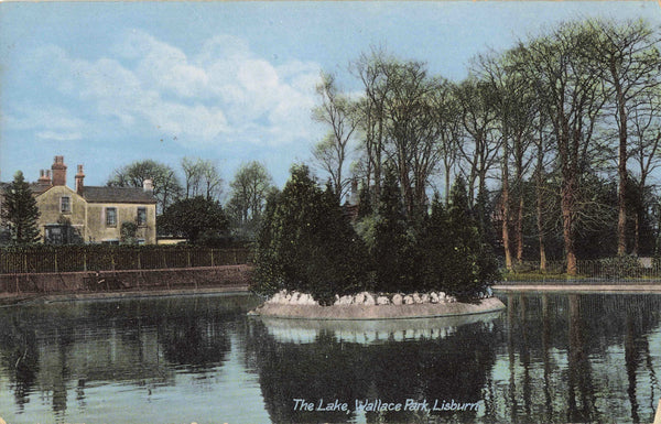 Old postcard of The Lake, Wallace Park, Lisburn in Co Antrim, Northern Ireland