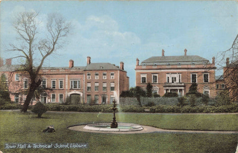 Old postcard of Town Hall & Technical School, Lisburn, Antrim, Northern Ireland