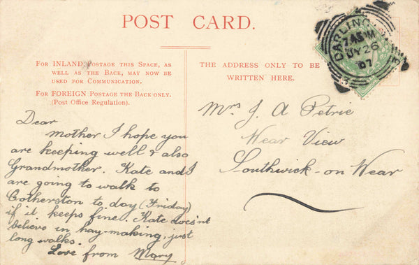 COTHERSTONE - 1907 POSTCARD, SPELT COTHERSTON (ref 6630/W7/25)