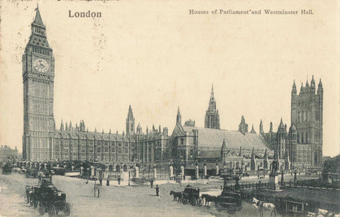Old postcard of Houses of Parliament and Westminster Hall, London