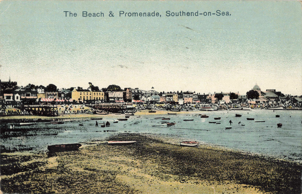 Old postcard  of the Beach and Promenade, Southend on Sea in Essex