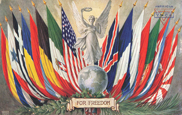 World War 1 postcard showing allied flags radiating from Figure of Freedom