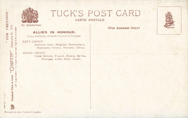 ALLIES IN HONOUR, WW1 PATRIOTIC POSTCARD BY TUCK, FLAGS (ref 3867/24)