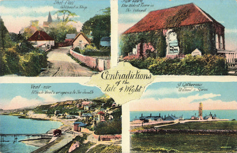 Old postcard titled Contradictions of the Isle of Wight, pre 1918
