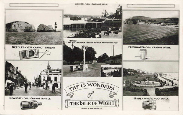 Old real photo postcard of The 6 Wonders of the Isle of Wight