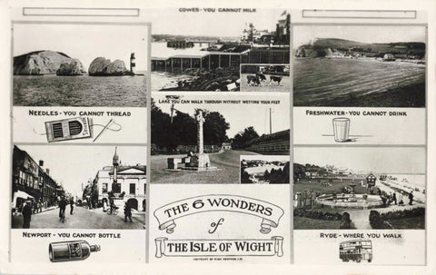 Old real photo postcard of The 6 Wonders of the Isle of Wight