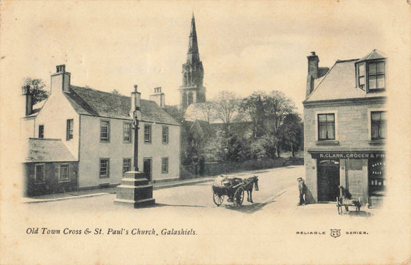 Early 1900s postcard of the Old Town Cross and St Paul's Church, Galashiels, Selkirkshire
