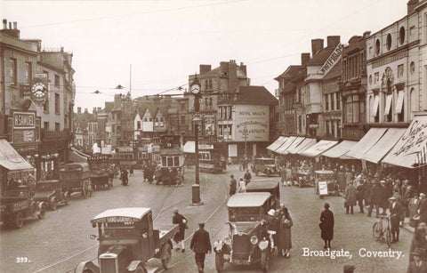 Old real photo postcard of Broadgate, Coventry