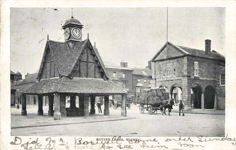 Old postcard from early 1900s of Butter Cross, Witney in Oxfordshire