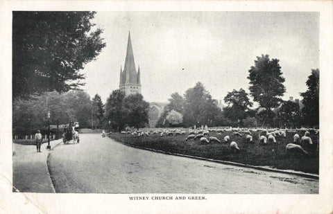 Old postcard of Witney Church and Green, Oxfordshire