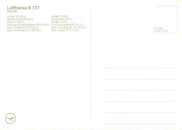 LUFTHANSA B737 CITY JET - MODERN SIZE AVIATION POSTCARD (ref 5411/24)