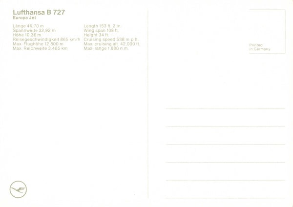 LUFTHANSA B727 EUROPA JET - MODERN SIZE AVIATION POSTCARD (ref 5405/24)
