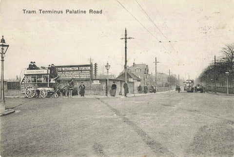 Old printed postcard of the Tram Terminus, Palatine Road, Manchester, pre 1918