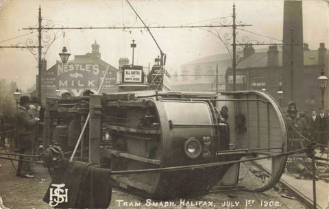 TRAM SMASH, HALIFAX, JULY 1ST 1906 REAL PHOTO POSTCARD (ref 6372/24)