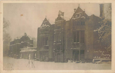 Old postcard of Burford Priory, dated 1908 and a snow scene