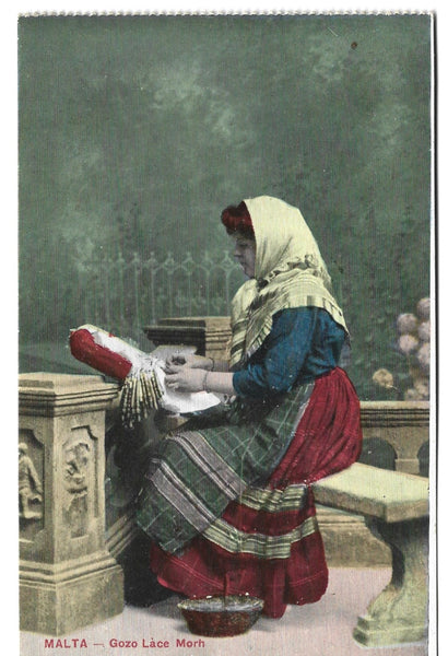 Old postcard of a lacemaker in Gozo, Malta
