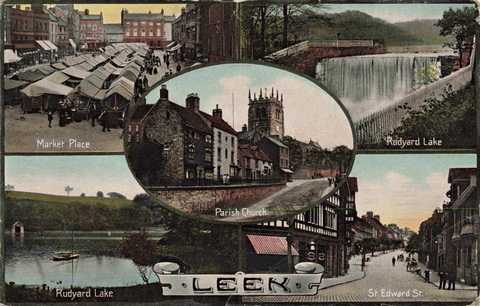 Old multiview postcard of Leek, Staffordshire