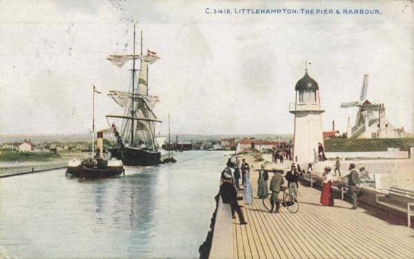 Old postcard of The Pier and Harbour, Littlehampton in Sussex