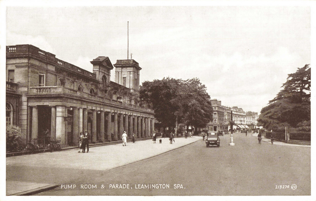 Old postcard of the Pump Room and Parade, Leamington Spa