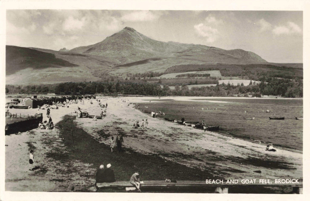 Real photo postcard of Beach and Goat Fell, Arran in Scotland