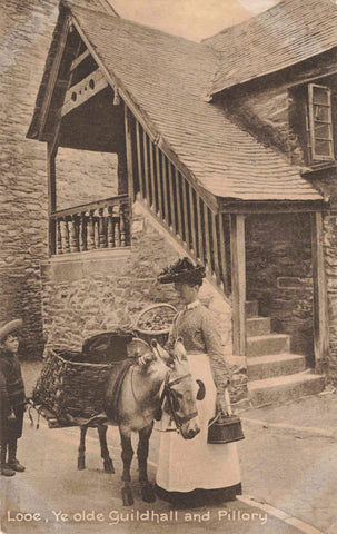LOOE, YE OLDE GUILDHALL & PILLORY - WOMAN WITH DONKEY