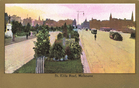 Old Australia postcard showing St Kilda Road, Melbourne