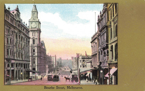 Old Australia postcard showing Bourke Street, Melbourne