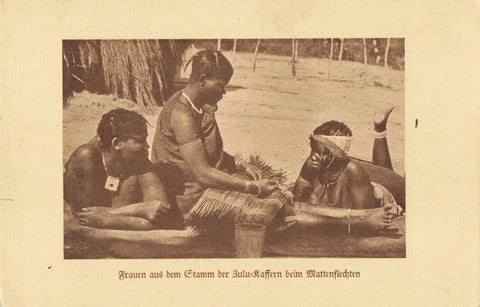Old postcard showing Zulu women mat weaving