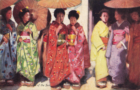 Old postcard titled Daughters of the Sun showing Japanese ladies