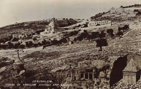 Real photo postcard of Tombs of Absalon, Jericho and Zachariah at Jerusalem