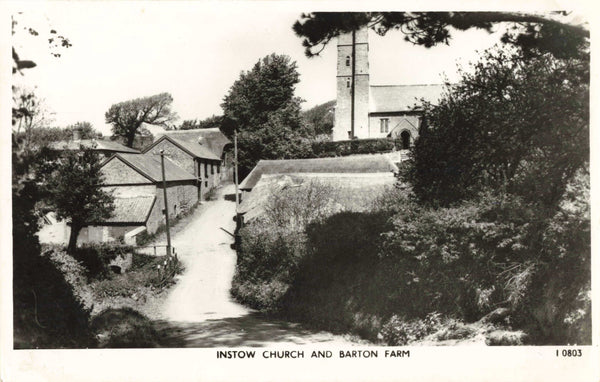 Old real photo postcard of Instow Church and Barton Farm in Devon
