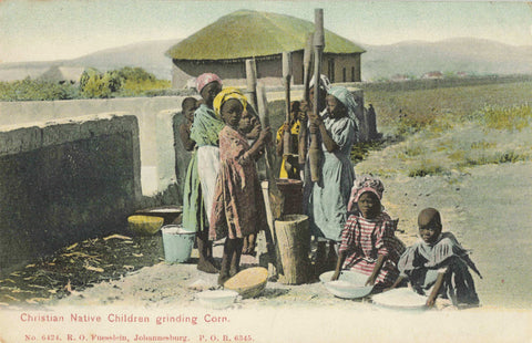 Old postcard titled Christian Native Children Grinding Corn