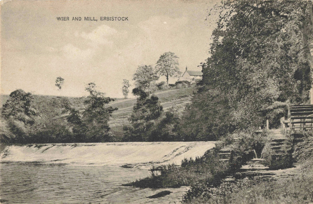 Old postcard of the Weir and Mill, Erbistock, in Denbighshire