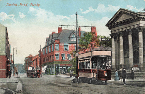 LONDON ROAD, DERBY - OLD POSTCARD, TRAM (ref 2290/22)