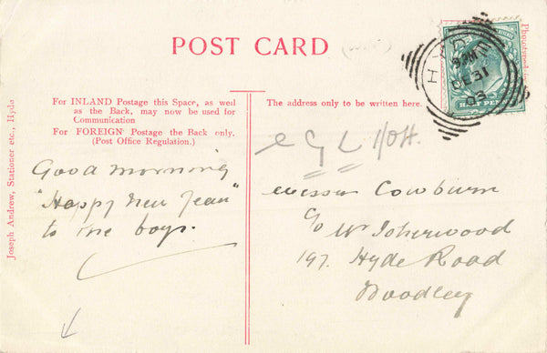 WOOD END LANE, HYDE - 1903 CHESHIRE POSTCARD (ref 2307/22/W1)