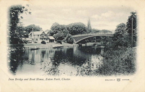 Old postcard of Iron Bridge and Boat House, Eaton Park, Chester, Cheshire c1902