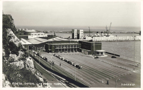 Old real photo postcard of Dover, car ferry terminal