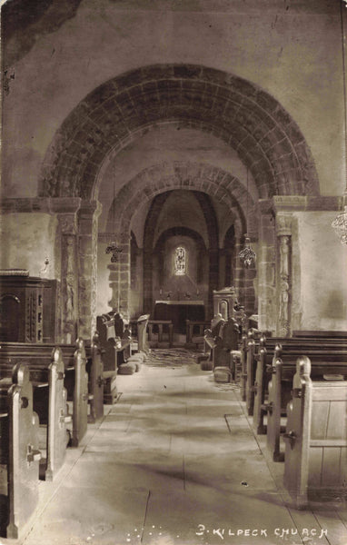 Old real photo postcard of the interior of Kilpeck Church, Herefordshire