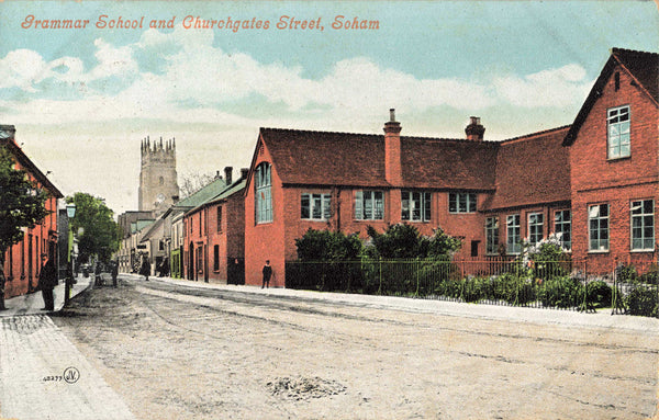 Old postcard of Grammar School and Churchgates Street, Soham, in Cambridgeshire