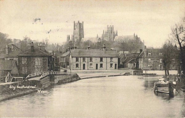 1914 postcard of Ely Cathedral, shows river