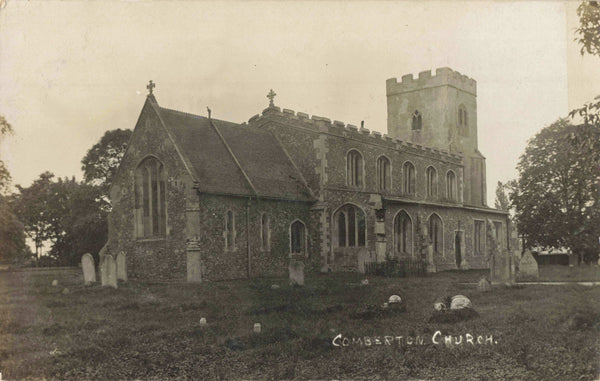 Old real photo postcard of Comberton Church, Cambridgeshire
