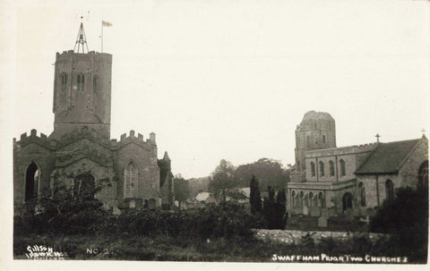 Old real photo postcard titled Swaffham Prior Two Churches, in Cambridgeshire