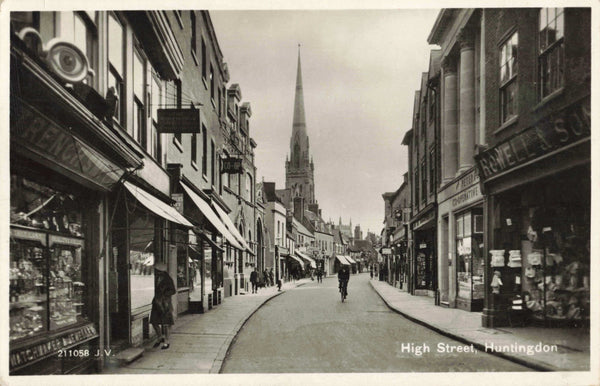 Old real photo postcard of High Street, Huntingdon
