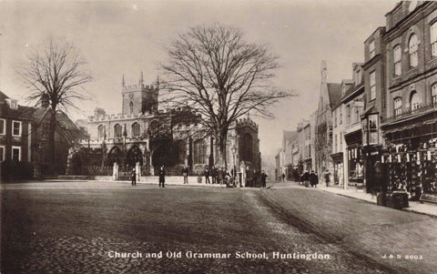 Old real photo postcard of the Church and Grammar School, Huntingdon