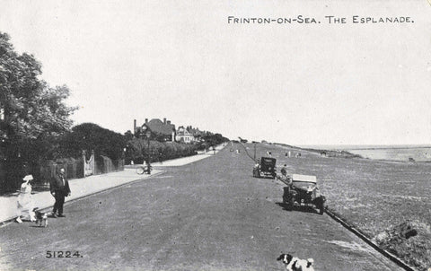 Old postcard of The Esplanade, Frinton on Sea  showing vintage cars