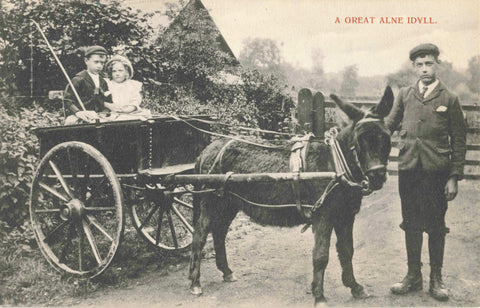 Old postcard entitled A Great Alne Idyll, showing children in a donkey cart in Great Alne, Warwickshire