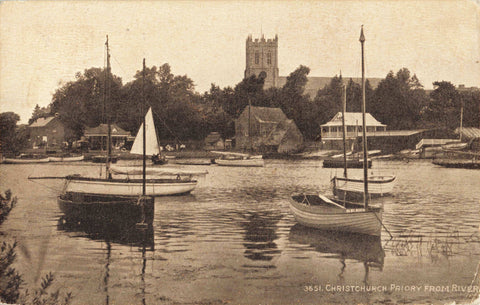 Old postcard of Christchurch Priory from River posted 1925
