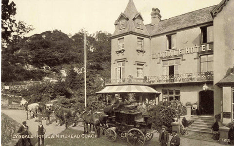 Old postcard of the Lyndale Hotel and Minehead coach in Lynmouth, Devon