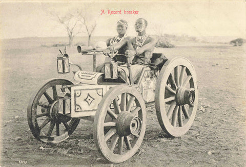 Old postcard showing a vintage African car with driver and passenger